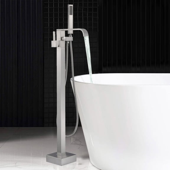 Brushed Nickel Floor Mounted Free Standing Bathtub Faucet Shower Tub Filler Spout