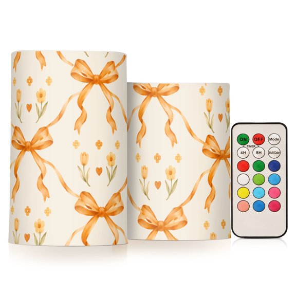 Yellow Bow Floral Prints Flameless Candles Flickering with Remote and Timer Battery Operated LED Pillar Candle Set of 2