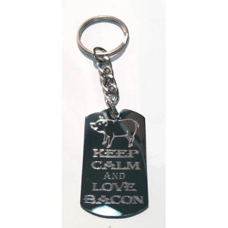 Chrome Metal Keychain Key Ring - Keep Calm And Love Bacon w/ Pork Pig - Metal Ring Key Chain Keychain
