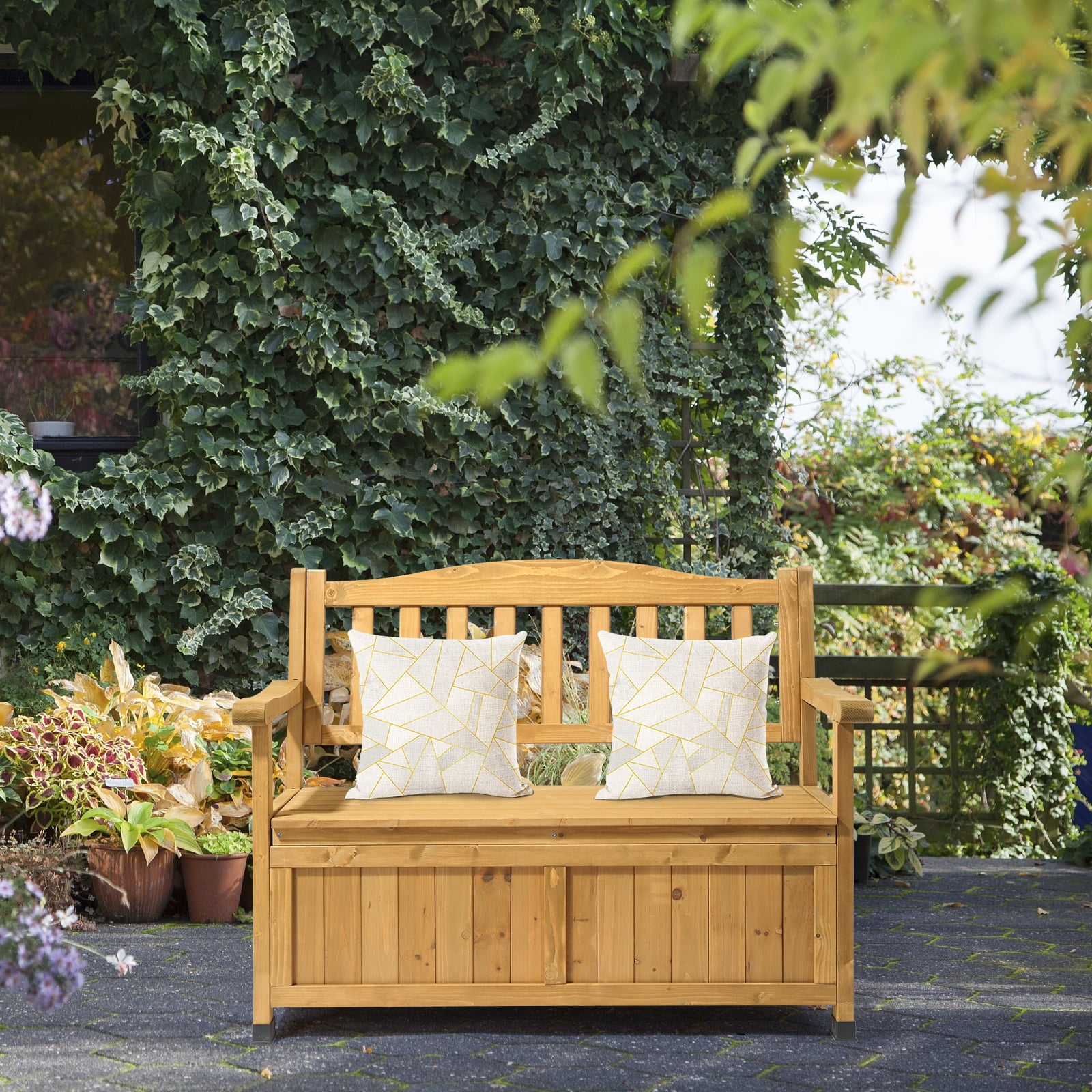 Outdoor Wooden Storage Bench, Large Deck Box with Seating & Armrest, Patio Organizer Loveseat for Garden Porch Deck Backyard Poolside