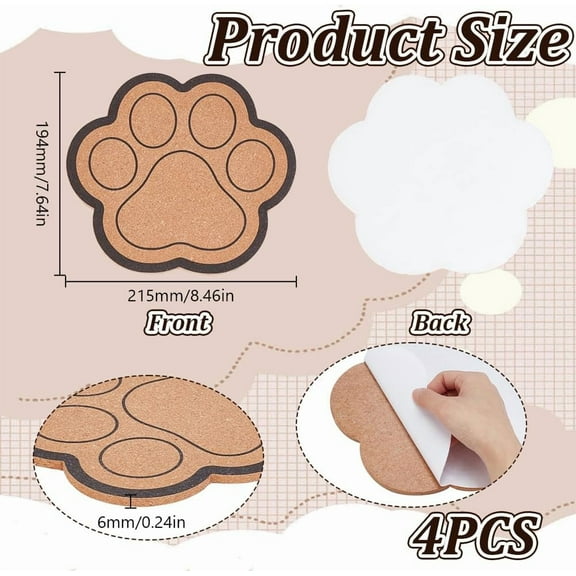 4 Pcs Cork Bulletin Board Dog Paw Print Shape Cork Board Memo Bulletin Pin Board Self-Adhesive Decorative Cork Board for Wall Office Home Kitchen