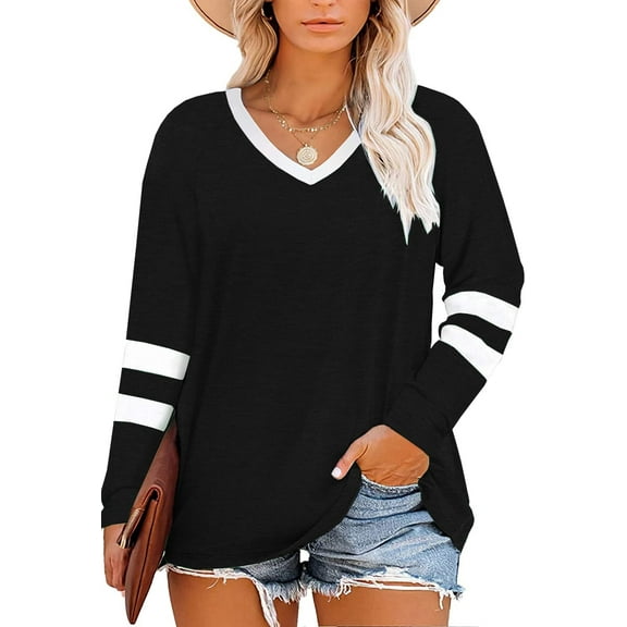 Sherrylily Women Plus Size Tops Striped Long Sleeve V Neck T Shirts Color Block Casual Tunics Tee XL-7XL