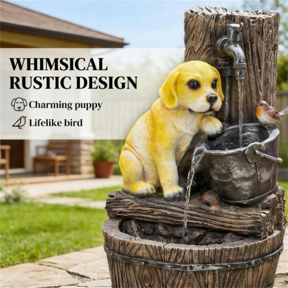 Outdoor 3-Tier Water Fountain with Puppy Bird Figurine Warm LED Lights 3-Speed Pump Rustic Brown for Garden Patio Yard