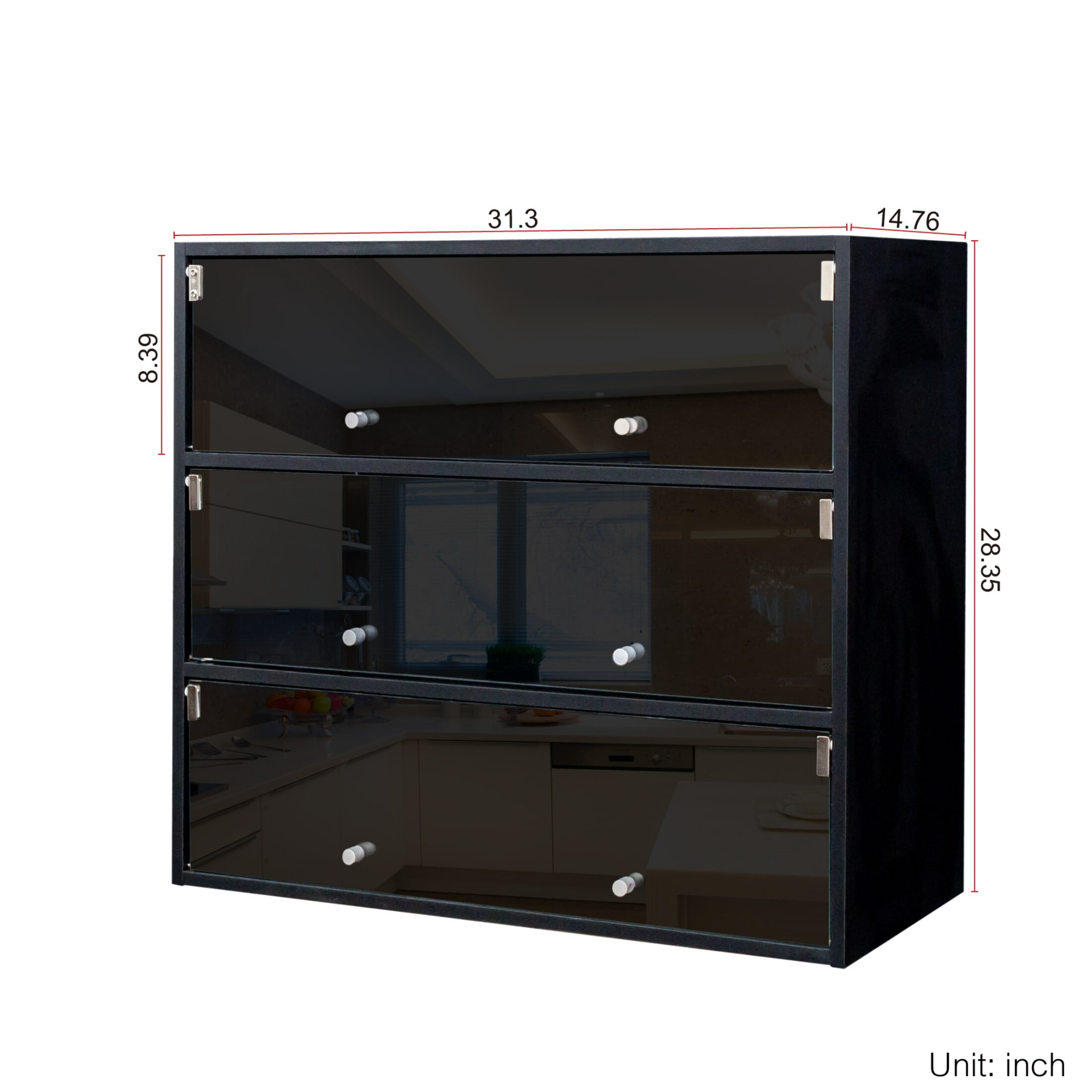 DEALTOPS Modern 3-Tier Shoe Cabinet with LED Lights, Wooden Shoe Storage Box with Glass Doors, Black