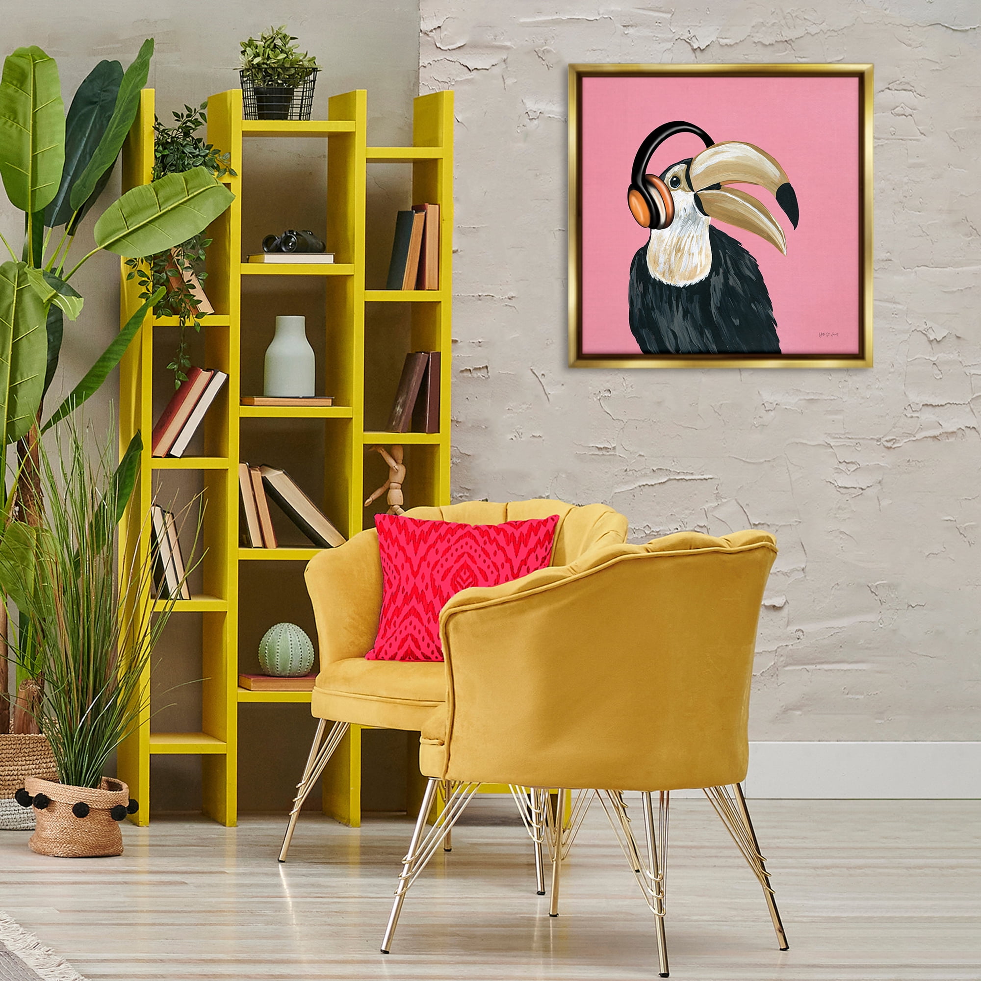 Stupell Industries Toucan with Headphones Entertainment Painting Gold Floater Framed Canvas Art Print Wall Art, 25 x 25