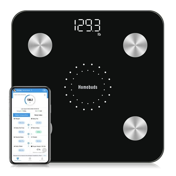 Báscula digital de baño Homebuds para peso y grasa corporal, pesaje profesional desde 2001, monitor de composición corporal profesional para IMC, grasa, agua y músculo con app, 181 kg, color negro