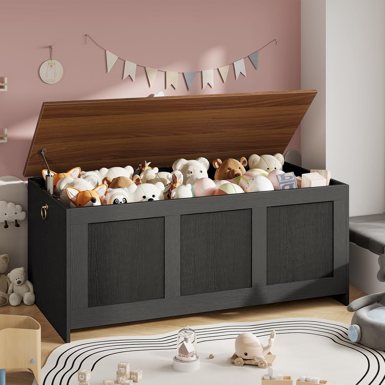 Storage Bench, 43.3" Retro Wooden Storage Chest, Wooden Storage Trunk, Toy Chest with Lift Top, Multifunctional Entryway Organizer, for Entryway, Living Room, Black and Walnut BH411CW01