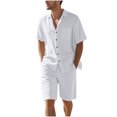 thumbnail image 3 of Men's 2 Piece Linen Shorts Set Cotton Beach Outfit Collar Short Sleeve Button Down Casual Shirt With Drawstring Elastic Waist Pants Summer Vacation Travel | Zenithor,White XL, 3 of 6