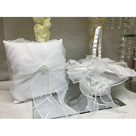 Wedding White Satin Tulle Ring Pillow And Flower Basket Set