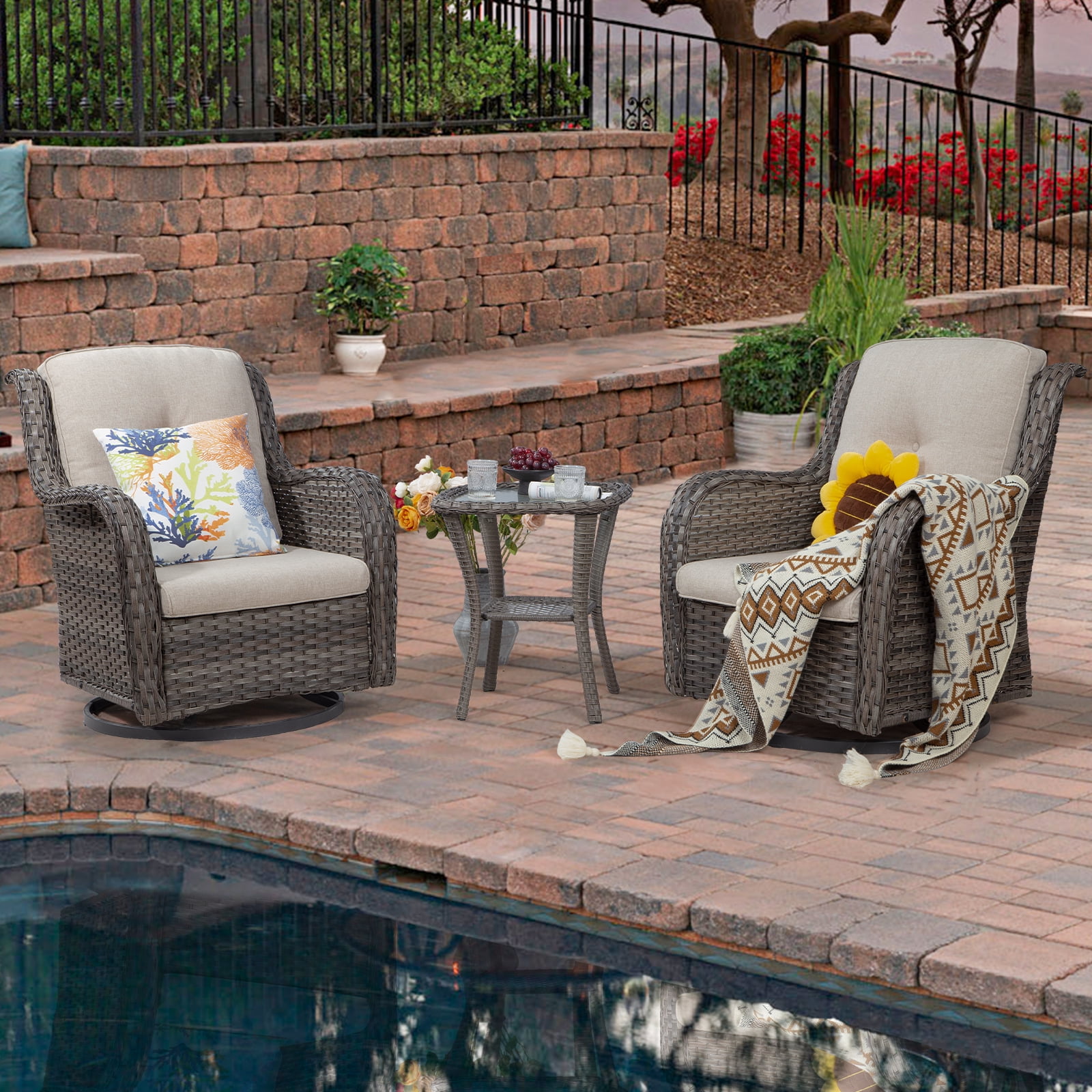 Meetleisure Outdoor Swivel Rocker Wicker Patio Chairs Sets Of 2 With