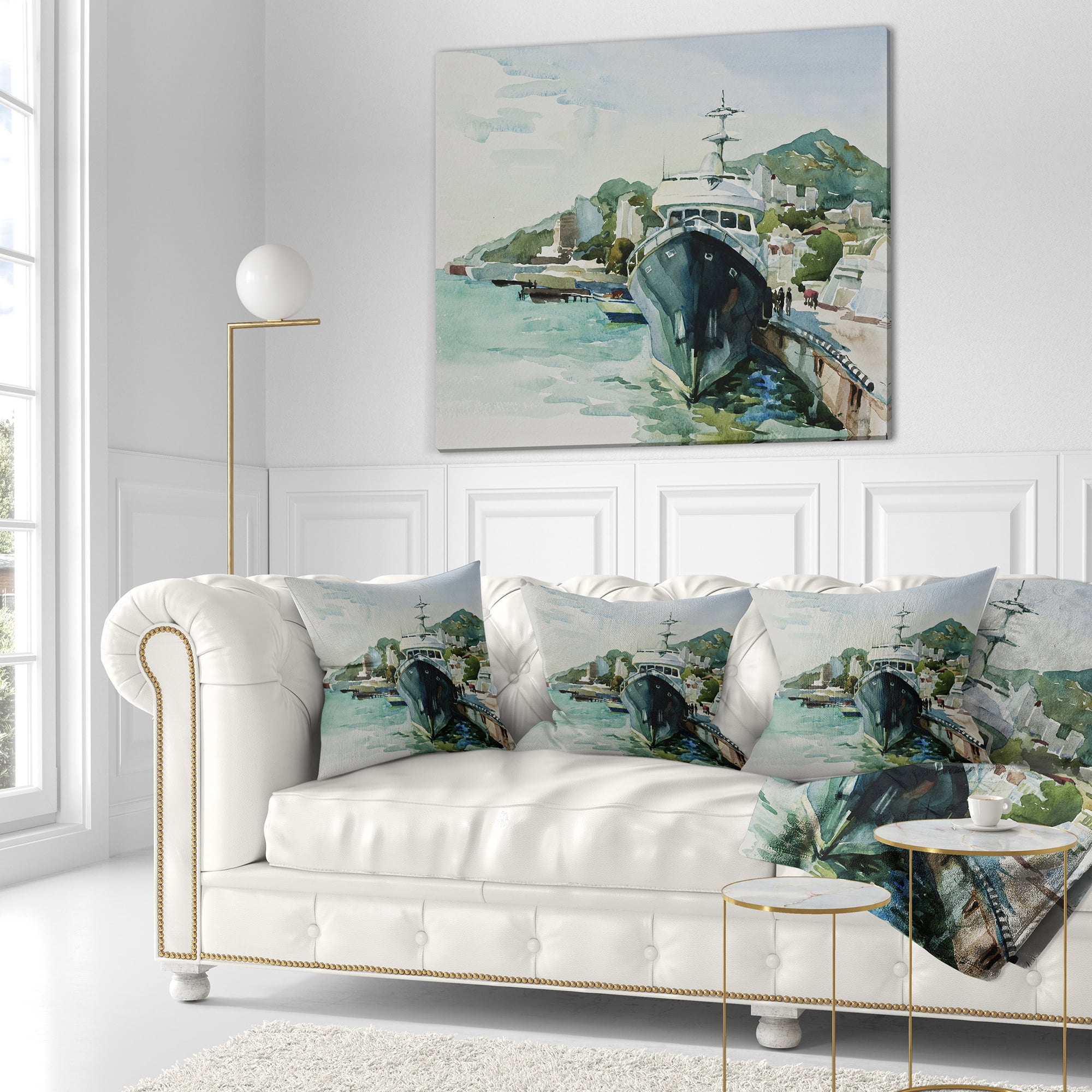 Designart Yacht in Port Yalta - Landscape Printed Throw Pillow - 18x18