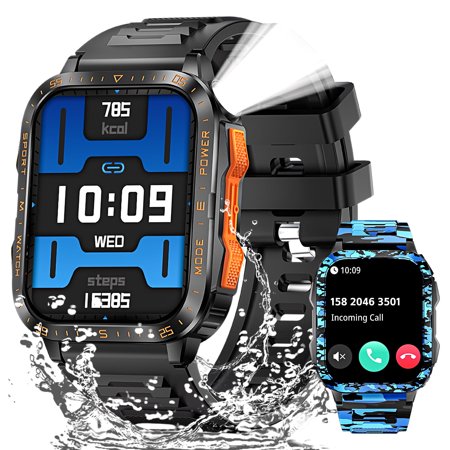 Cyberdyer KT79 1.96'' HD Outdoor Smartwatches for Men with LED Flashlight/UV Light 3ATM Waterproof Sports Fitness Tracker Watch for iOS Android Phone, 1pc, Orange