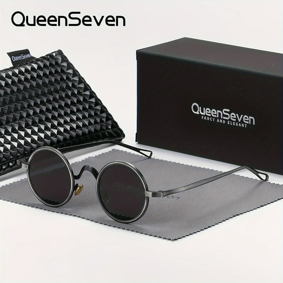 QueenSeven Unisex Retro Round Frame Punk Sunglasses With Hollow Polarized Lenses.