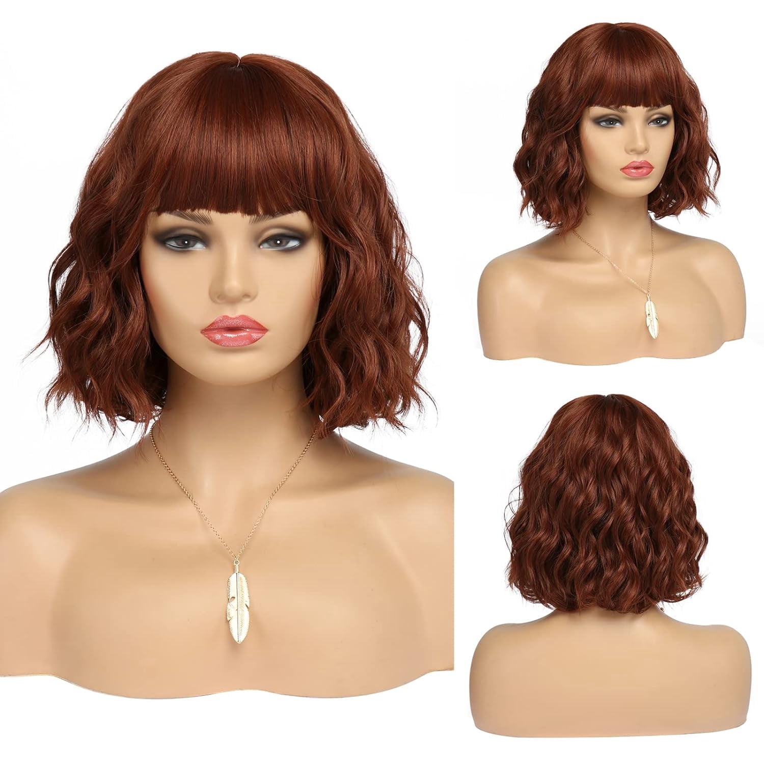 DOPI Short White Silver Wigs for Women Ombre Grey Wavy Bob Wig with Bangs Medium Length Synthetic Hair Water Wave Dark Roots Wig Gray Colorful Wigs（12 Inches）