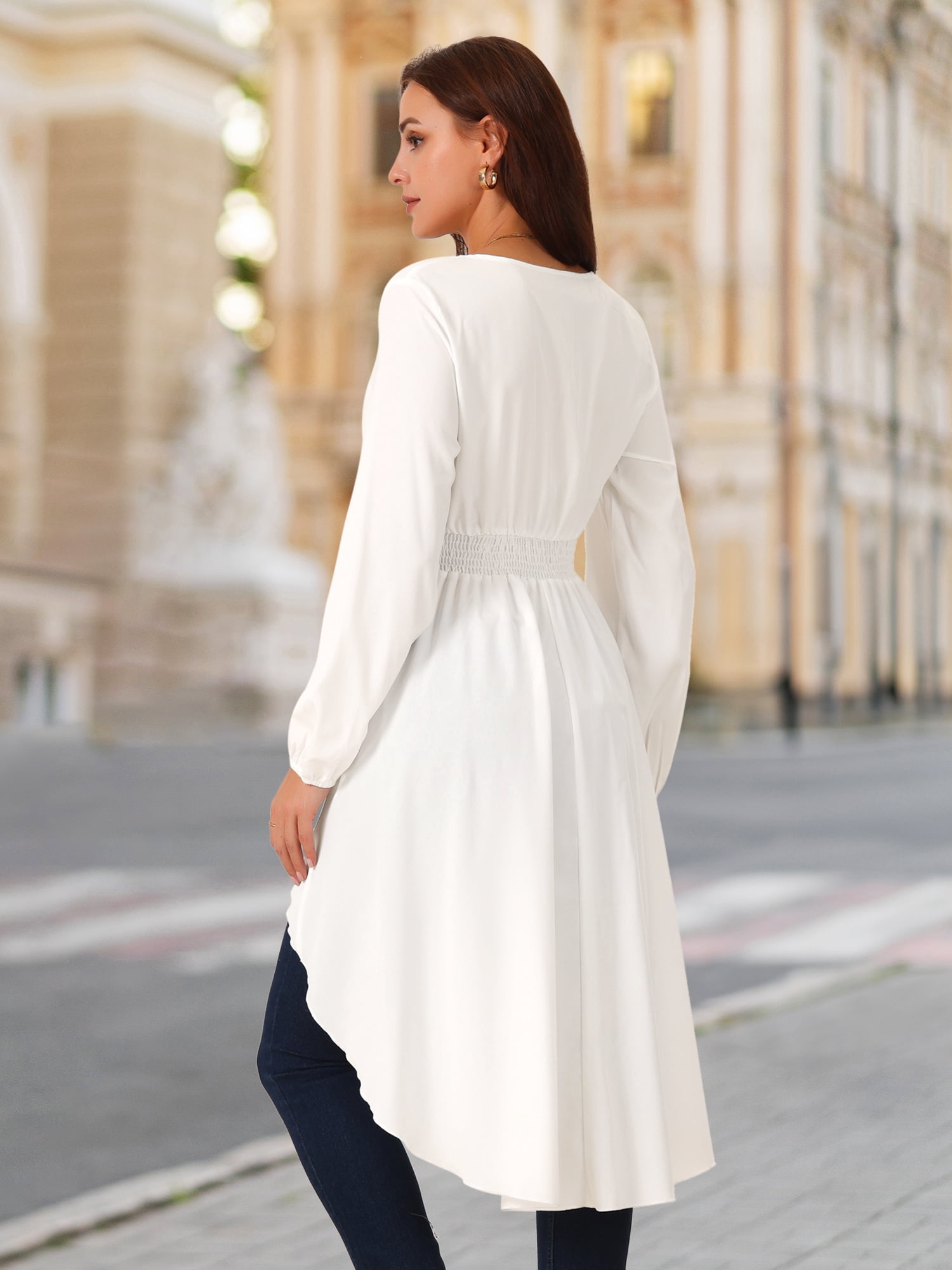 DARING DIVA Women's High Low V Neck Long Sleeve Dressy Blouses S White