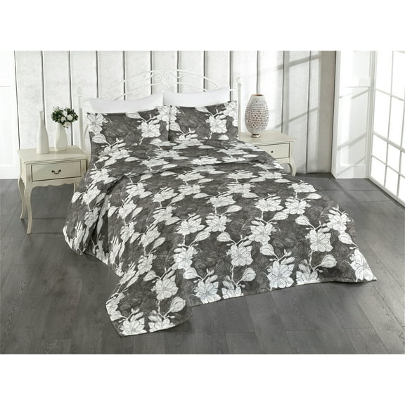 Ambesonne Flowers Quilted Bedspread Set 3 Pcs, Magnolia Tree Floral Branch, King, Dark Taupe Grey and White