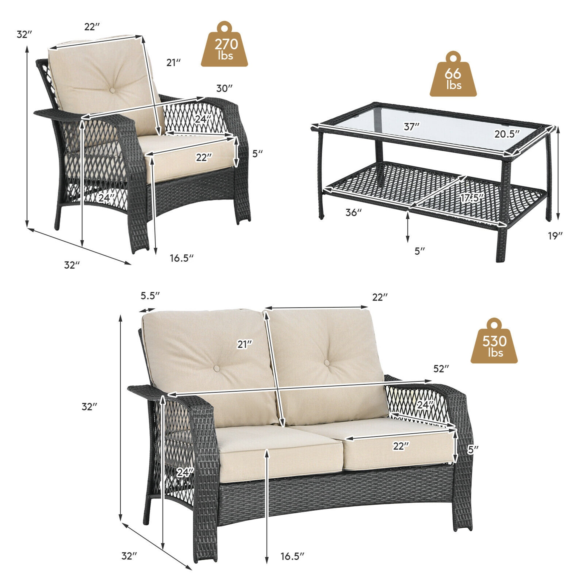 Gymax 4PCS Cushioned Patio Conversation Set Outdoor Rattan Furniture Set