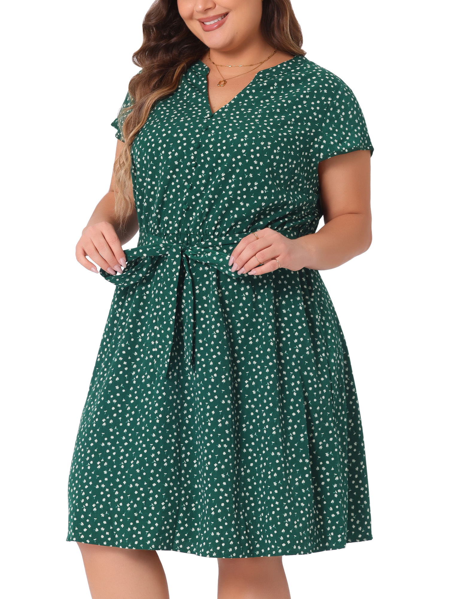 DARING DIVA Plus Size Floral V Neck Tie Belted Dress 4X Dark Green