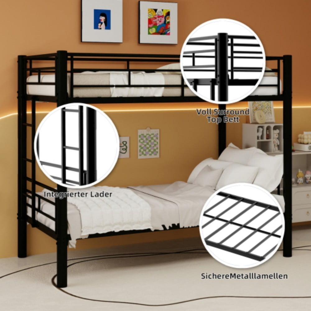Twin Metal Bunk Bed, Convertible & Detachable into 2 Twin Beds, Heavy-Duty Iron Frame, 400 lbs Capacity, Guardrails & Ladder, Black