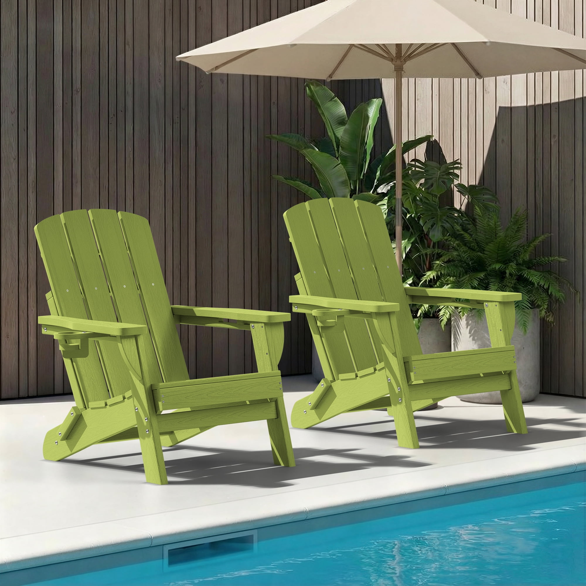 SUUNYN Folding Adirondack Chair, HDPE All-Weather Fire Pit Chairs, Plastic Adirondack Chairs with 2 Cup Holder,Light Green