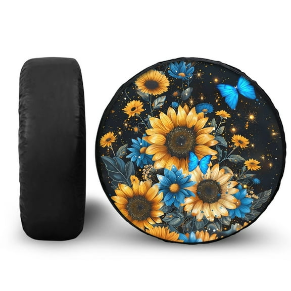 Yuyamidu Sunflower Tire Covers for Truck Blue Butterfly Spare Wheel Tire Cover Rainproof Wheel Cover Protector Universal Fit for Trailer, RV, SUV