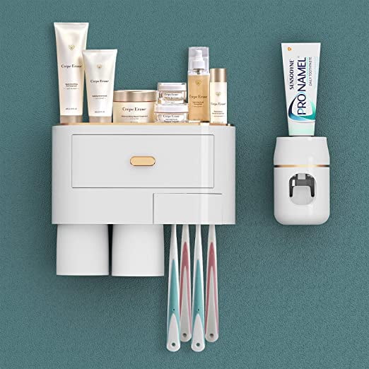 Soporte para cepillos de dientes montado en la pared, dispensador automático de pasta de dientes autoadhesivo para baño, 6 ranuras para cepillos de dientes, 2 tazas y cajones Organizador de cosmético TUNC Sencillez