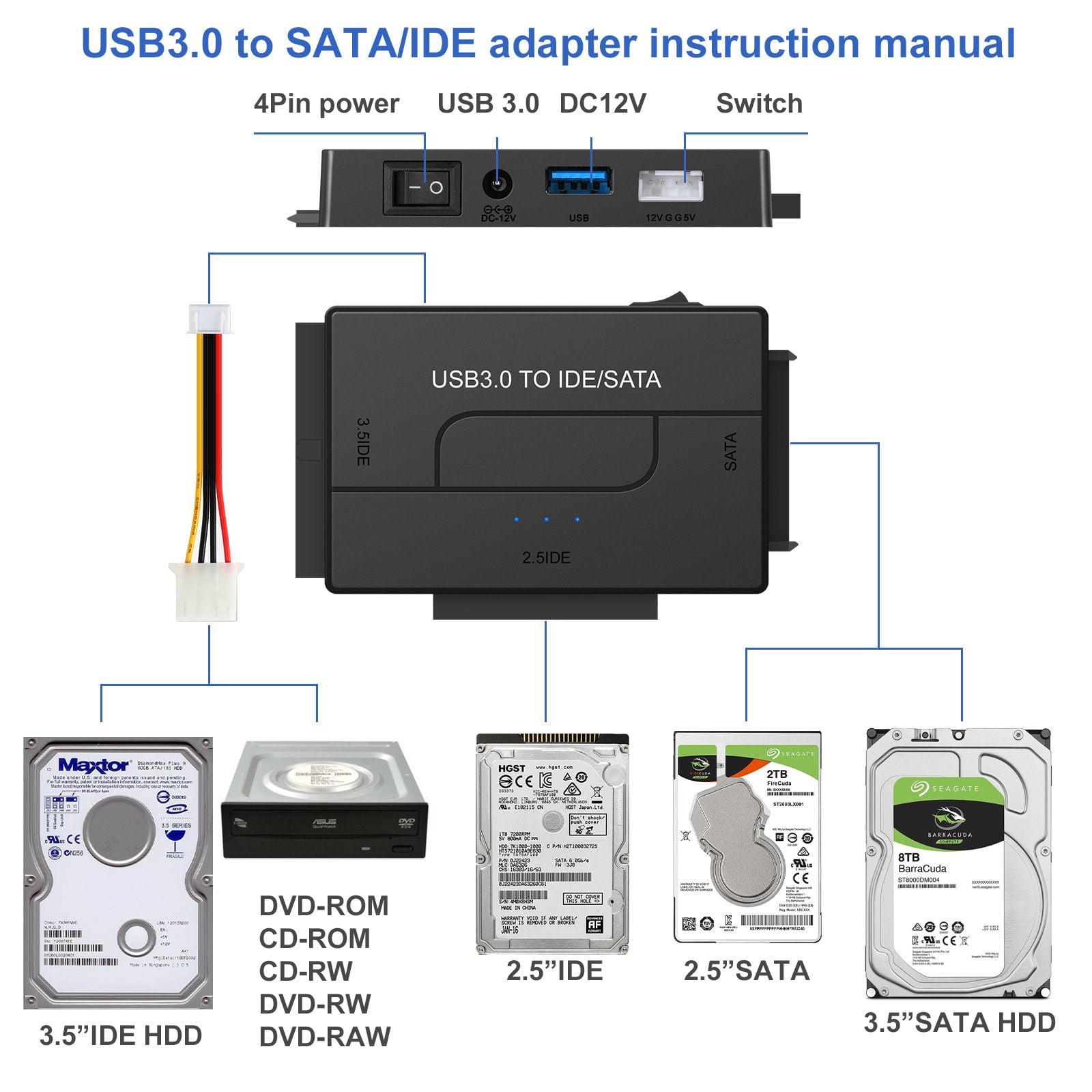 ENTSASMO Black USB 3.0 to SATA IDE Hard Drive Reader External Hard Drive Ultra Recovery Converter Universal Hard Drive Adapter Kit for 2.5/3.5 HDD/SSD Hard Drive Disk, Include 12V/2A Power Adapter