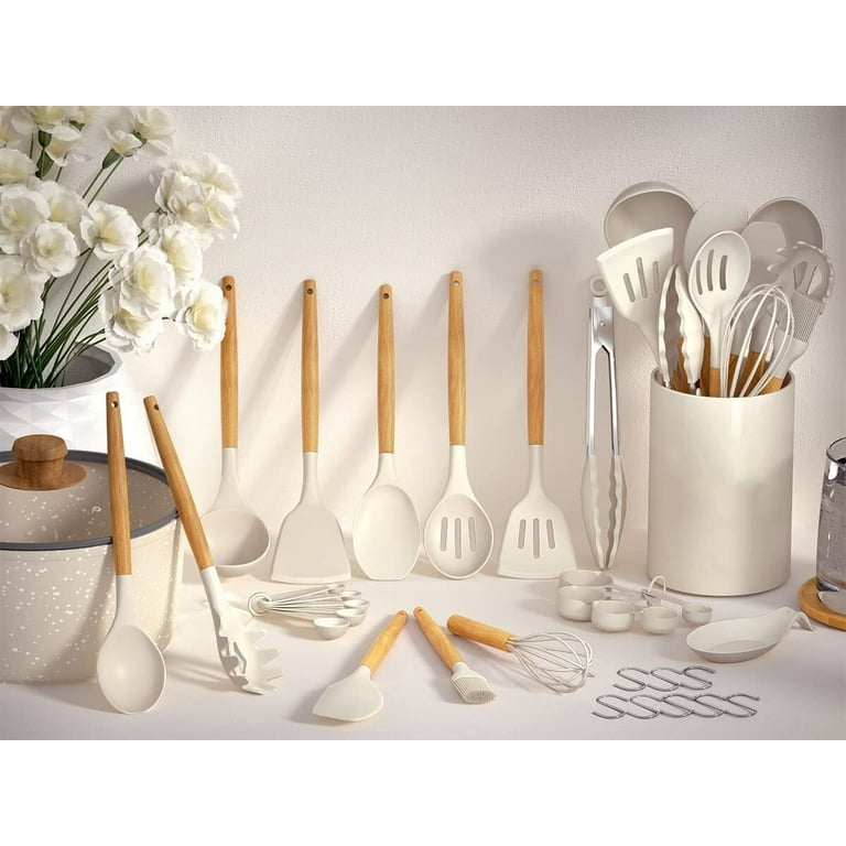 Aoibox 33-Piece Silicon Cooking Utensils Set with Wooden Handles and Holder  for Non-Stick Cookware, Cream White SNPH002IN474 - The Home Depot