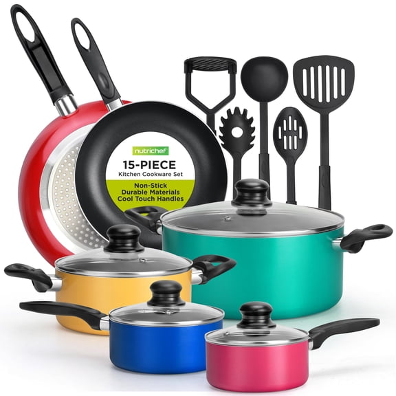 Vremi 15 Piece Nonstick Aluminum Cookware Set with Kitchen Utensil Accessories