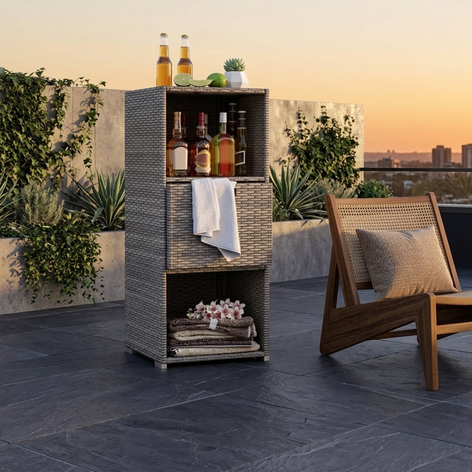 Biotree Outdoor Storage Cabinet with Drawer and 3 Shelves for Patio Porch Poolside Backyard, Mix Brown