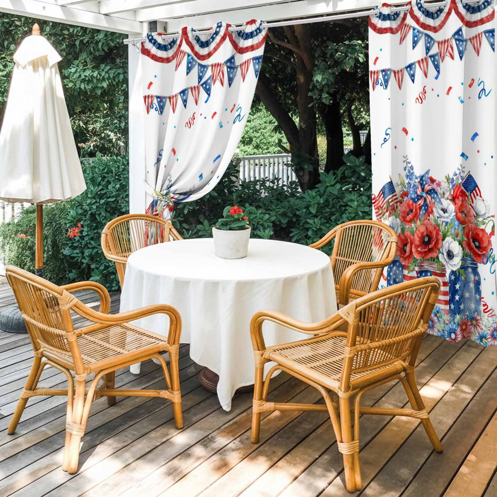Independence Day Outdoor Curtains for Patio, U. S. Flag Red White Poppy Flowers Watercolor Sunshade Privacy Drapes Grommet Waterproof Outside Curtains for Porch/Cabana/Balcony 54"x 108", 1 Panel