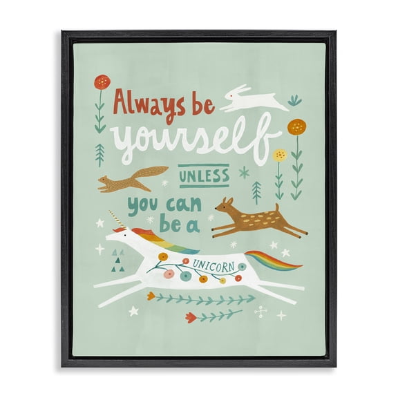 Stupell Industries Eclectic Be A Unicorn with Wildlife Black Floating Frame Canvas Art, 17 x 21, by Irene Chan