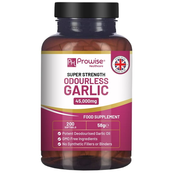 Premium Odourless Garlic Capsules - High Strength 45,000mg - 200 Softgels - Deodourised Premium Garlic Oil Extract from Allium Sativum - Made in UK by Prowise