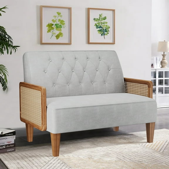 Andeworld Modern Fabric Rattan Armrests Loveseat, Beige