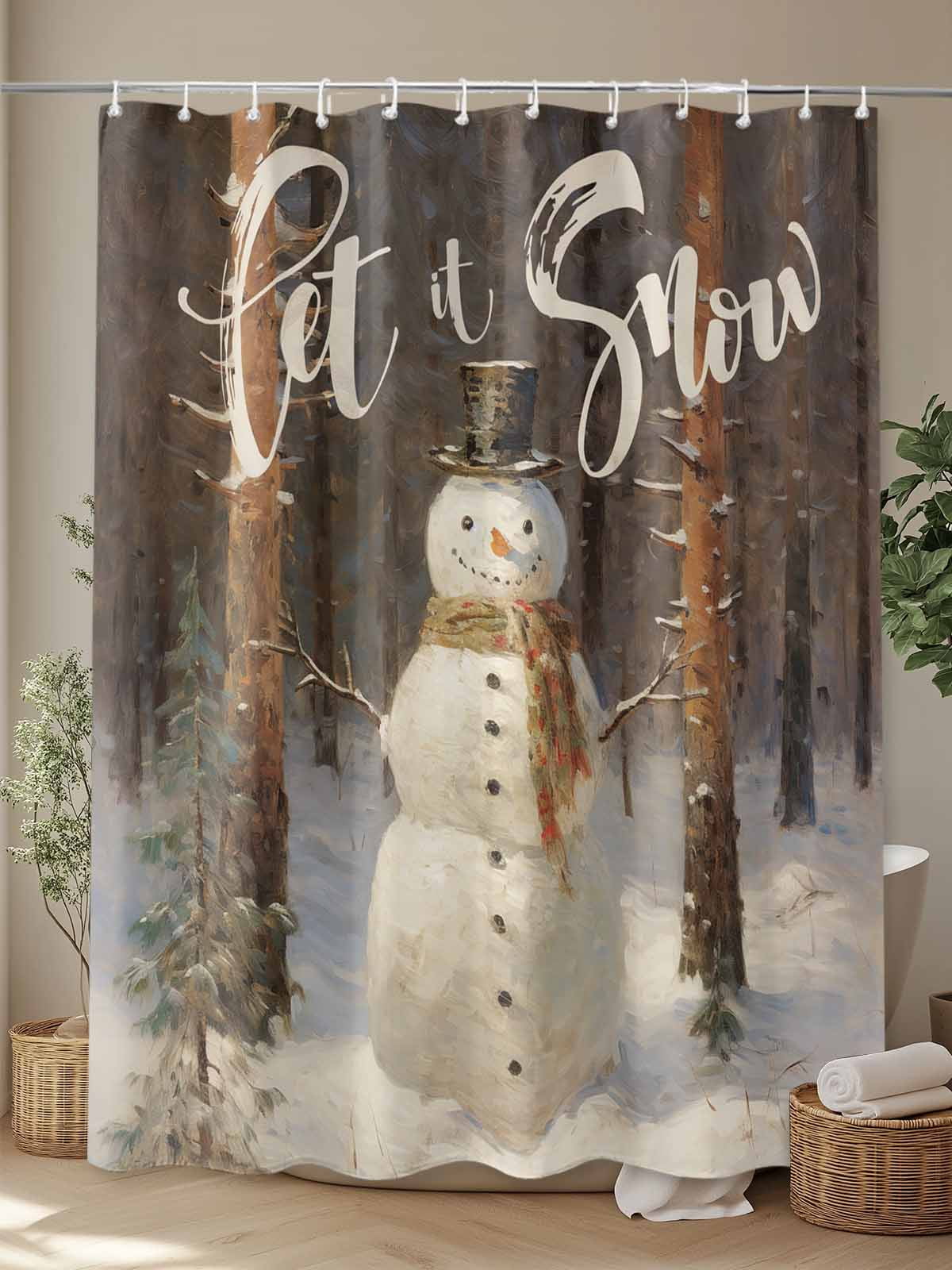 Christmas Shower Curtain Set, Waterproof Shower Curtains for Bathroom, Xmas Tree Snowman Let Snow Oil Painting Washable Fabric Cloth Bath Curtain for Bathtub Decoration with Hooks 72x78 Inches