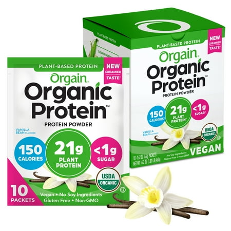Orgain Organic Vegan 21g Protein Powder Packets, Plant Based Shake Drink, Travel Size, Vanilla, 10ct