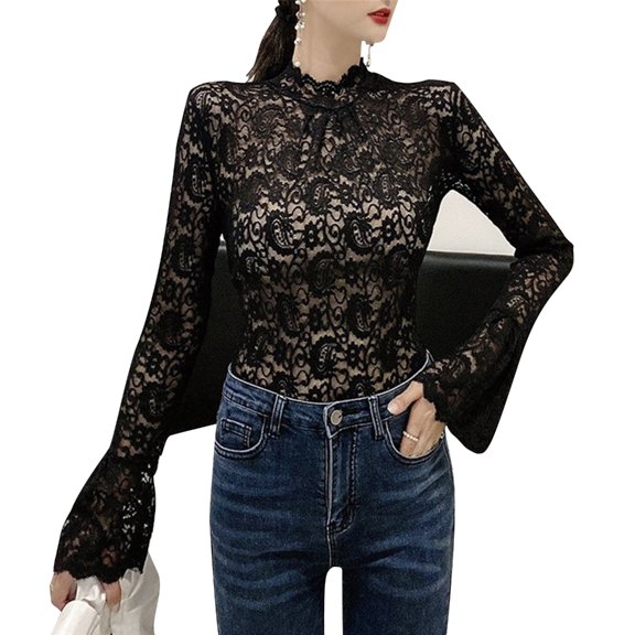 Yokua Women's Turtleneck T-shirt Stretch Lace Bottoming Shirt Long Bell Sleeves Tops