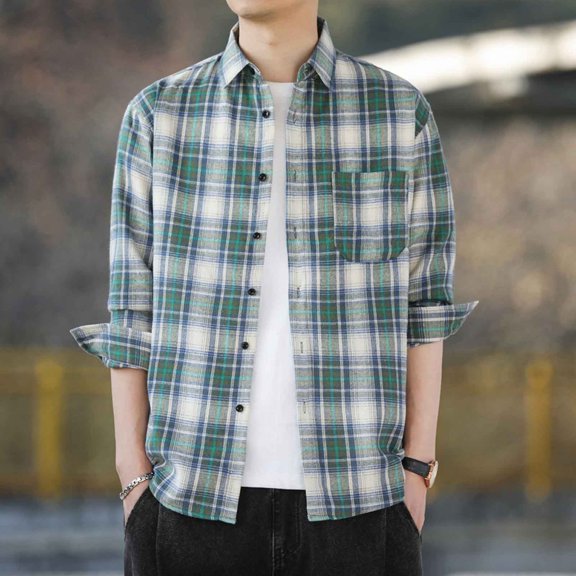 LEBONYARD Men's Long Sleeve Button-down Shirt,Men Casual Printing Pocket Long Sleeve Turndown Collar Blouse Shirt Green M