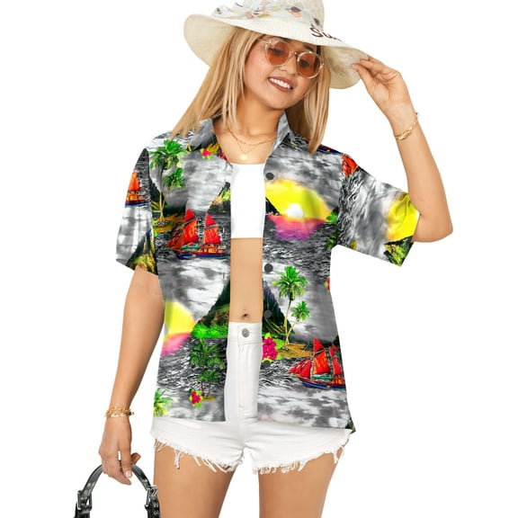 LA LEELA Women's Casual Beach Hawaiian Blouse Shirt Cute Blouses Short Sleeve Button Down Dress Tops Tee Shirts Tank Top Women S Beach Sunset, Grey