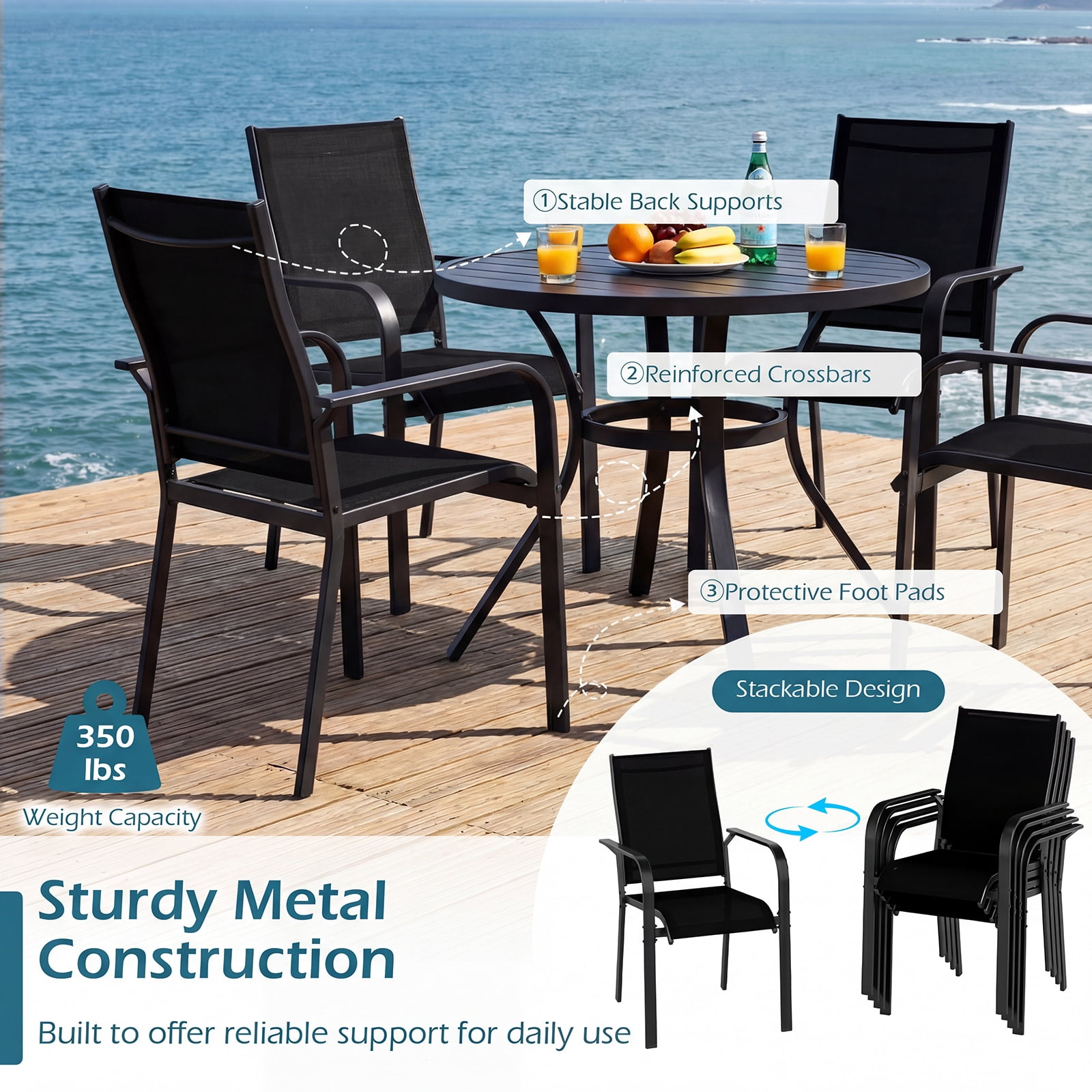 Gymax Patio Dining Chairs Set of 6 w/Metal Frame Breathable Mesh Fabric Backrest