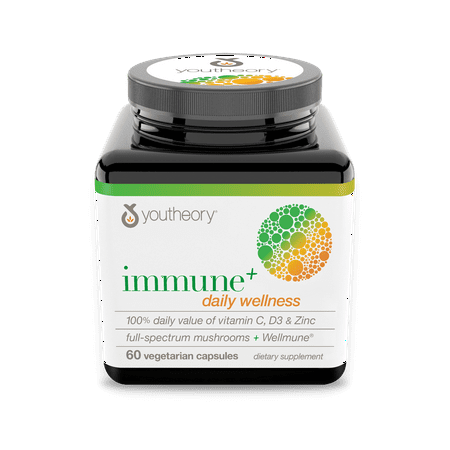 Youtheory Immune+ Daily Wellness with Vitamin C, D3 & Zinc Vegetarian Capsules, 60 ct