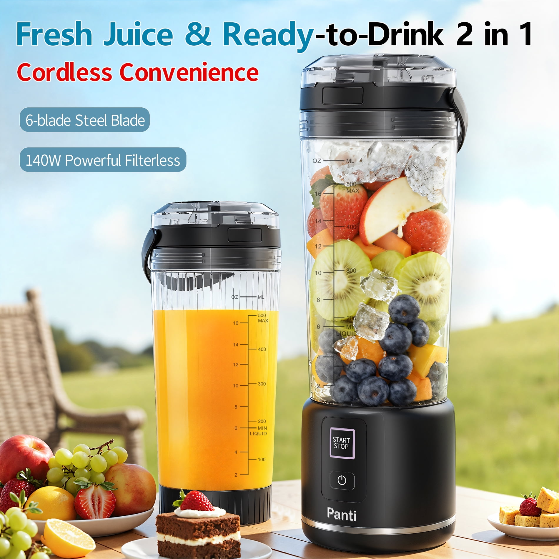 Panti Portable Blender, Cordless,18oz. USB-C Rechargeable Personal Blender for Shakes & Smoothies, BPA Free, Cover with Handle,USB-C Rechargeable, Dishwasher Safe Parts, Black
