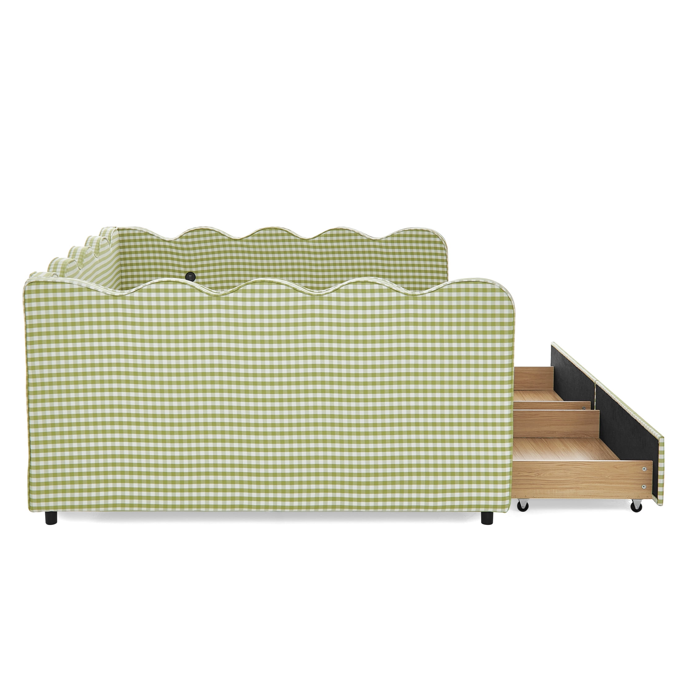 Noble House Corlan Queen Size Waved Daybed, Cozy Gingham Linen Sofa Bed with Storage Drawers and Charging Port, Green