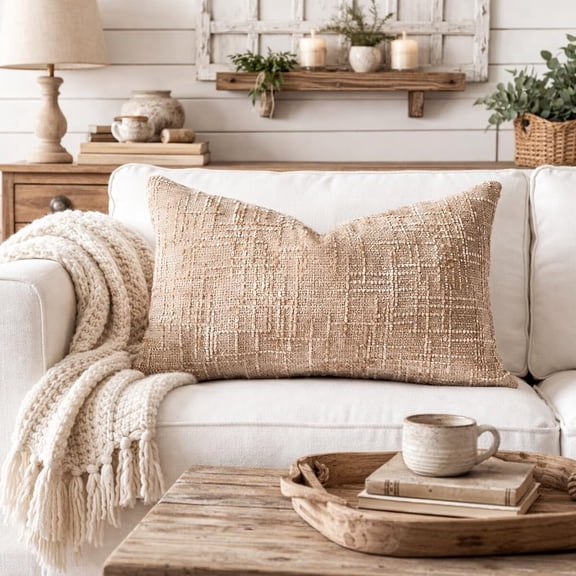 Fennco Styles Mocha Textured Chenille Throw Pillow with Insert 12" X 20" - Double-Sided Woven Decorative Cushion for Sofa, Bed Couch & Bed for Home Décor, 1-Pack