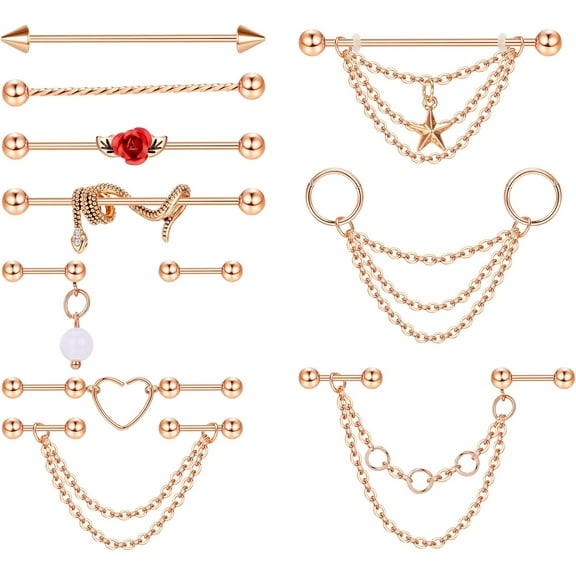 Industrial Piercing Jewelry 14G 16G Stainless Steel Earrings With Chain Dangle Bar Double Cartilage Helix Piercing Barbell for Women Men Rose Gold Tone