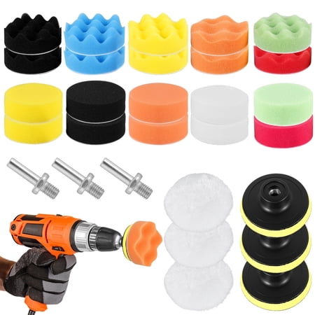Vensio -29Pcs Car Polishing and Buffing Sponge Pads Kit for Drills, 3 Inch Detailing Sponges with Wool Pads and Adapters for Waxing and Cleaning, Reusable 29Pcs Set
