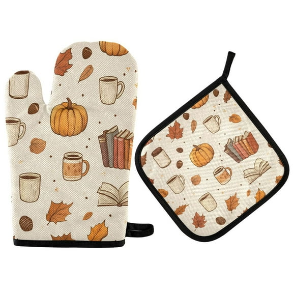 Yayeee Oven Mitts and Pot Holder Set of 2 Heat Resistant Kitchen Gloves Baking Hot Pad, Fall Beige Pumpkin