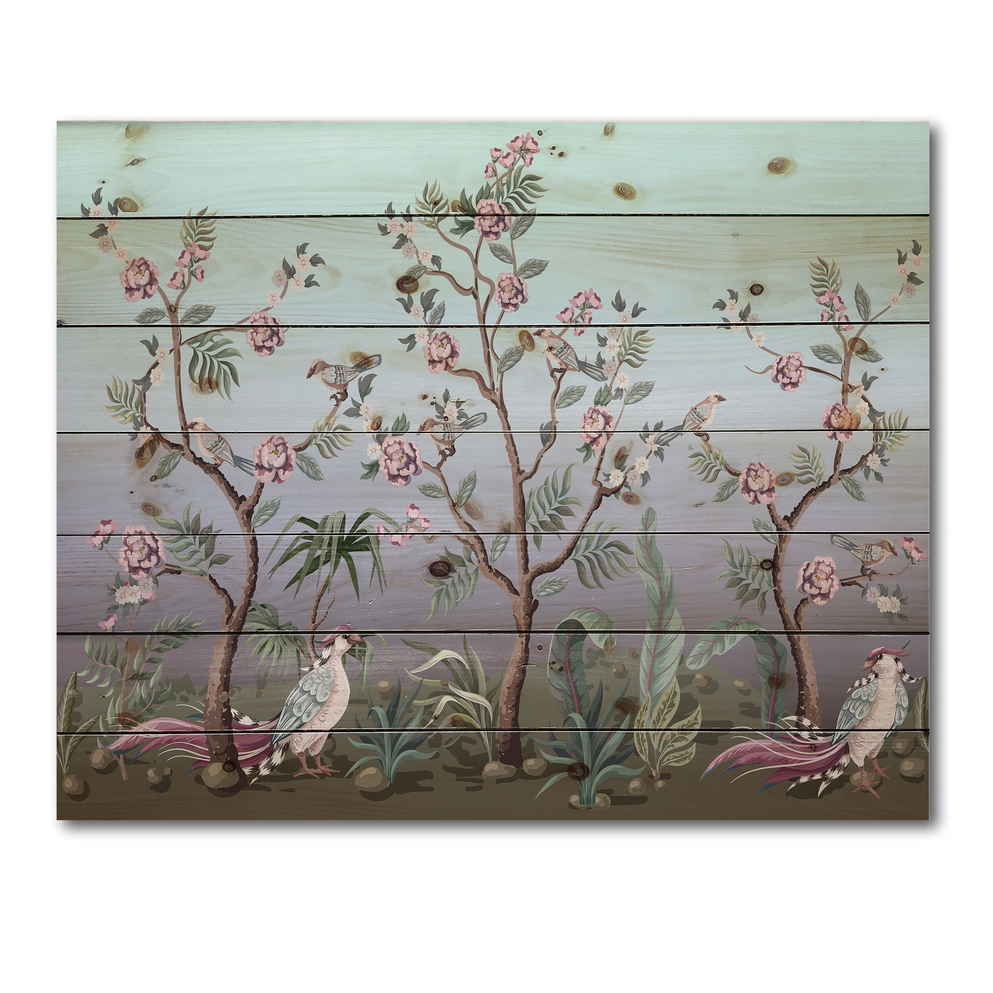 Designart 'Chinoiserie With Peonies and Birds II' Traditional Print on Natural Pine Wood