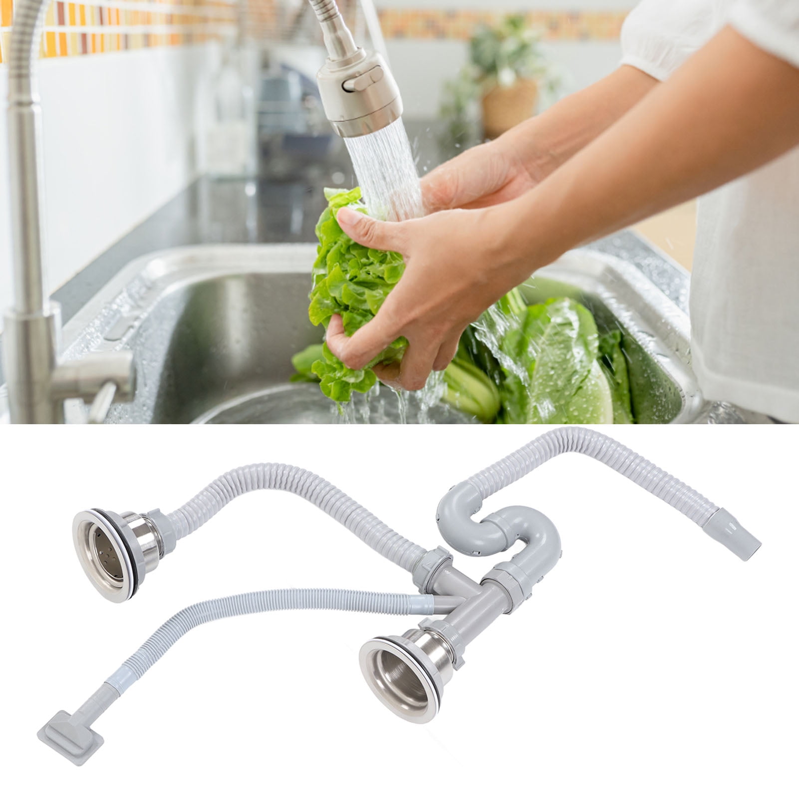 NestledNature Double Drains Pipe Set, Multi-Fit Bathroom Sink Drain Kit, Sink Drainer Pipe, Stainless Steel S Pipe, Bent With Double Drains Sewer Pipe Set For Bathroom Home Kitchen