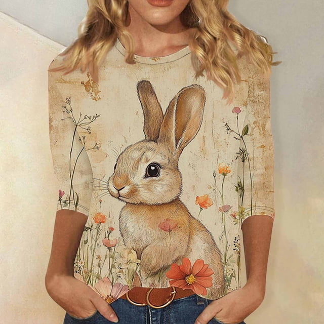 TaTaai Women's Holiday Print T-Shirt Round Neck 3/4 Sleeve Pullover Top Casual Easter Design Loose Fit Spring Festival Blouse Gift